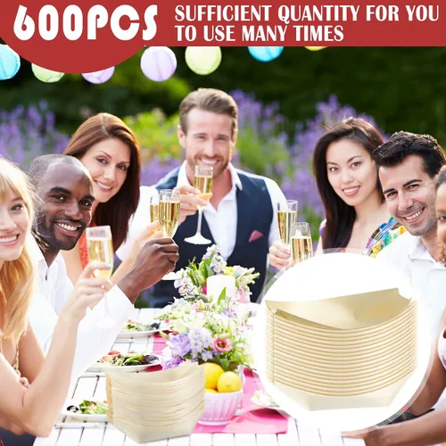 Vista 5 de Hoolerry 600 platos de bambú desechables de madera de bambú, cuencos y cubiertos de bambú para sushi, bandeja de servir para fiestas, catering, uso