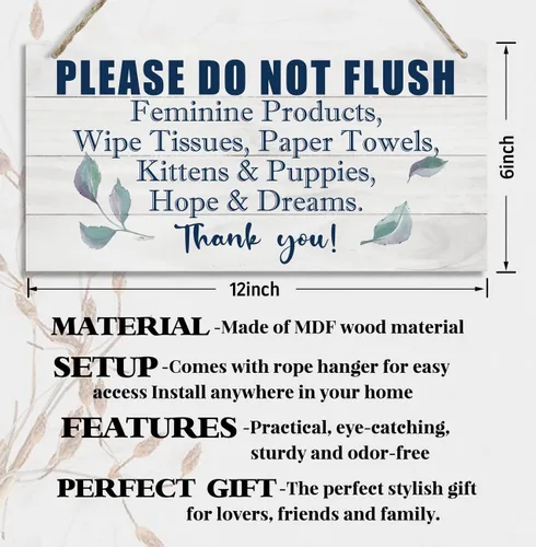 Vista 2 de HALUOSI Placa de madera colgante impresa para decoración, letrero de reglas de baño, "Por favor, no enjuague productos femeninos", madera de Baño 07