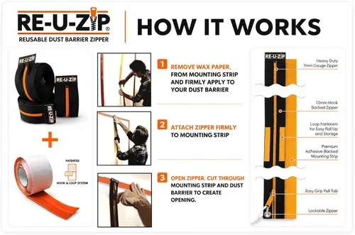 Vista 5 de RE-U-ZIP® Cremallera resistente reutilizable con barrera contra polvo Paquete Pro Sistema patentado de gancho y bucle Rentable y confiable Azul