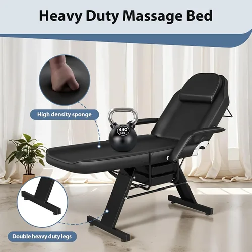 Vista 3 de Bigbiglife Cama de tatuaje de salón de masaje con cesta de belleza, cama de masaje profesional de 3 pliegues de altura ajustable para spa salón