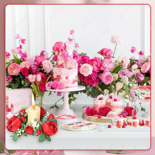 Vista 4 de Anillos de vela de rosas rojas para el día de San Valentín, coronas, flores artificiales con hojas verdes, mesa floral, centro de mesa, mini