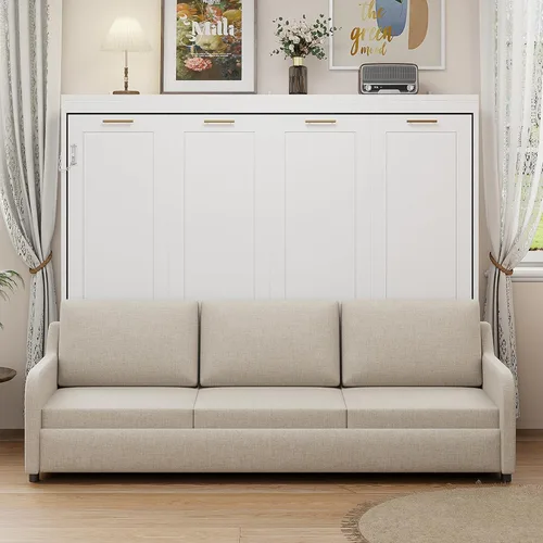 Vista 14 de MERITLINE Cama Murphy horizontal completa con sofá y estantes de almacenamiento, luz LED, madera maciza que ahorra espacio, cama de pared Murphy