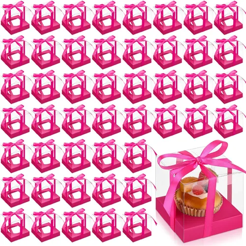 Vista 18 de Thenshop 50 cajas transparentes para cupcakes individuales de 3.5 pulgadas, cajas individuales de plástico para cupcakes con insertos y cinta