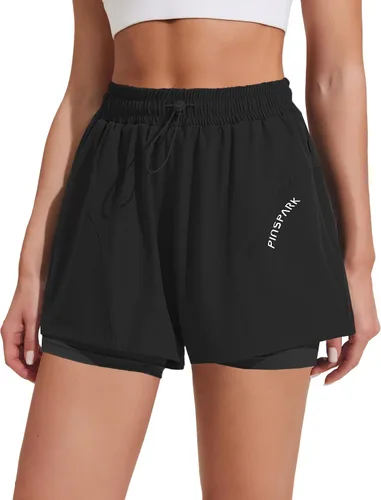 Vista 3 de PINSPARK Pantalones cortos deportivos para mujer, de cintura alta, pantalones cortos de entrenamiento 2 en 1, pantalones cortos para correr
