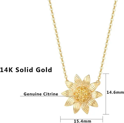 Vista 2 de FANCIME Collar de oro amarillo sólido de 14 quilates con dije de girasol con piedra natal de noviembre auténtico, joyería fina, aniversario, regalos