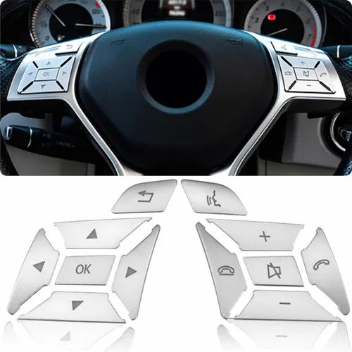 Vista 10 de Botón de Decoración Interior Compatible con Volante de Coche para Mercedes Benz Clase C, GLC, Clase W205 X205 - Plata (Modelo A)
