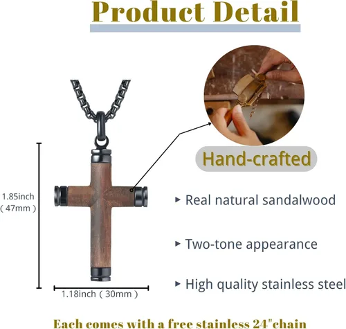 Vista 2 de Collar de cruz de madera para hombre, sándalo real con incrustaciones a mano collares de cruz para hombre, colgante de crucifijo de acero inoxidable