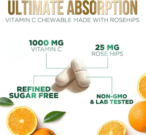 Vista 3 de Vitamin C 1000mg Per Serving Chewable - Sugar Free - Extra Strength Antioxidants - Natural Immune Support Supplement with Vitamin C & Rose Hips