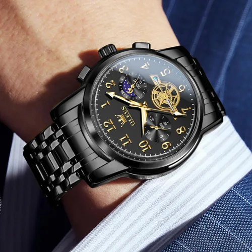 Vista 2 de OUPINKE Reloj para hombre analógico de cuarzo de acero inoxidable, impermeable, luminoso, fase lunar, cronógrafo, vestido de negocios de lujo