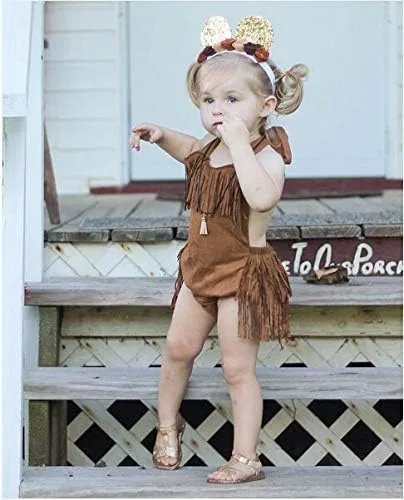 Vista 5 de Styles I Love Bebé Niña Verano Halter Fringe Ante Marrón Sunsuit Mameluco