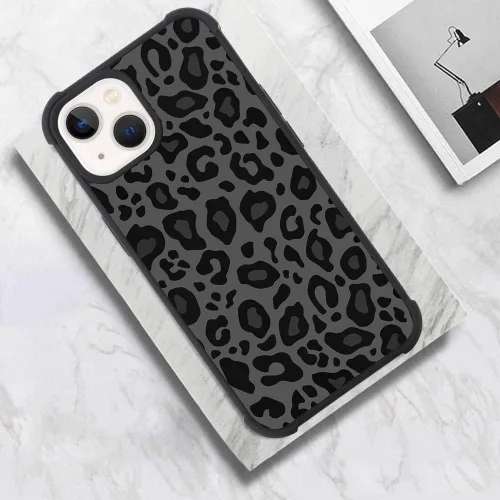 Vista 2 de KANGHAR - Funda compatible con iPhone 14, diseño de leopardo negro, textura de neumático antideslizante, a prueba de golpes, funda protectora