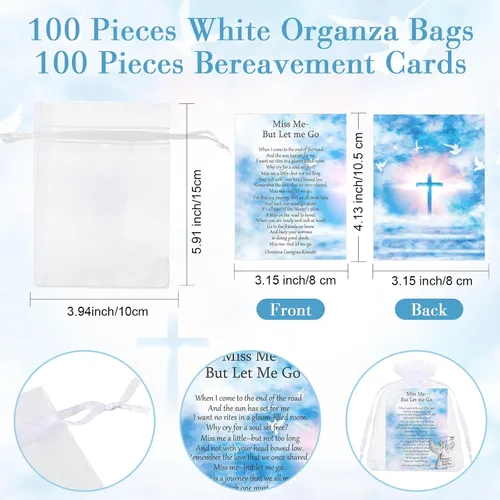 Vista 3 de SATINIOR 100 juegos de recuerdos fúnebres, alfileres conmemorativos de ángel de celebración de la vida con tarjetas de oración, bolsas de organza