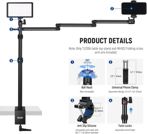 Vista 8 de NEEWER Kit de Soporte de Cámara Mejorado con Brazo de Boom Telescópico de Tres Pliegues (Carga Máxima 2lb), Soporte de Escritorio Telescópico