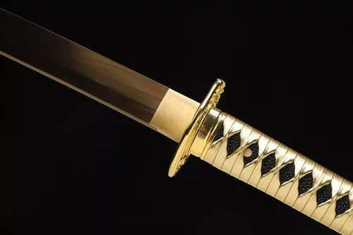 Vista 4 de Katana dorada hecha a mano, espada samurái japonesa 1095 de arcilla de acero templada, hoja de afeitar de espiga completa, afilada, regalos para él