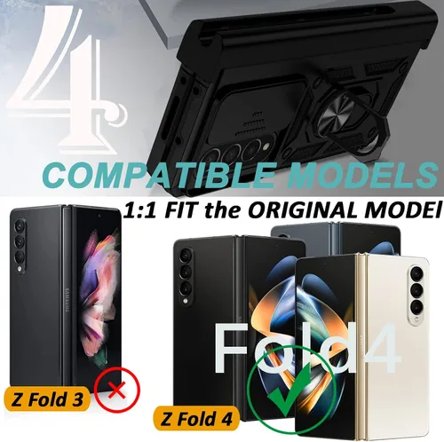 Vista 7 de Miimall Funda compatible con Samsung Z Fold 4 con protección de bisagra, soporte para bolígrafo, cubierta de cámara, soporte de anillo, soporte