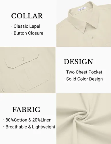 Vista 5 de COOFANDY Camisas de lino con botones para hombre de manga corta, camisa de playa casual