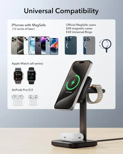 Vista 7 de ESR Estación de carga inalámbrica 3 en 1 para Apple [certificado], cargador portátil para Apple Watch y soporte de cargador MagSafe, cargador