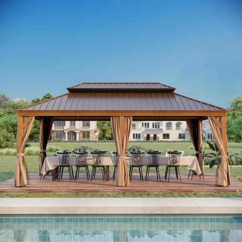 Vista 3 de Gazebo de techo rígido de 12 x 20 pies con acabado de grano de madera