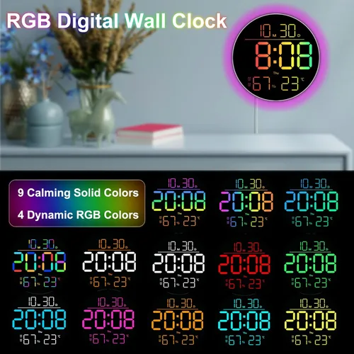 Vista 4 de QINFIEY Reloj de pared LED de 10 pulgadas con luz ambiental RGB, atenuación automática, pantalla de color/hora/fecha/temperatura/humedad, alarma