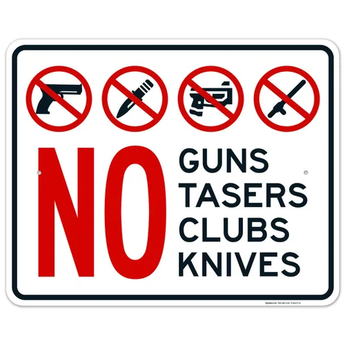 Vista 17 de Letrero de No Guns No Tasers No Clubs No Knives de 10 x 7 pulgadas, libre de óxido, aluminio 040, resistente a la decoloración, fabricado en Estados