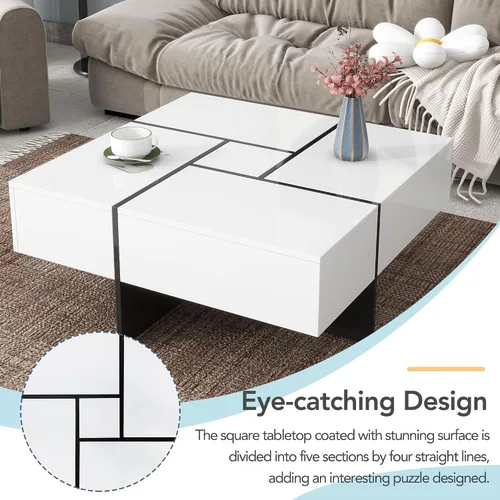 Vista 4 de Merax Mesa de centro cuadrada moderna con 4 compartimentos de almacenamiento ocultos, diseño UV de alto brillo para sala de estar, color blanco