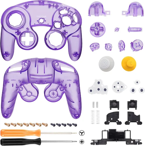 Vista 2 de eXtremeRate Placa trasera transparente color morado atómico para Nintendo GameCube, carcasa de repuesto personalizada con botones para controlador