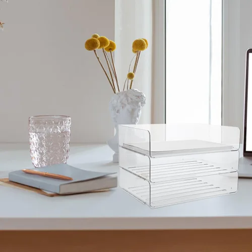Vista 5 de Bandeja organizadora de escritorio apilable para papel y archivos, soporte ancho transparente para documentos que ahorra espacio, estante