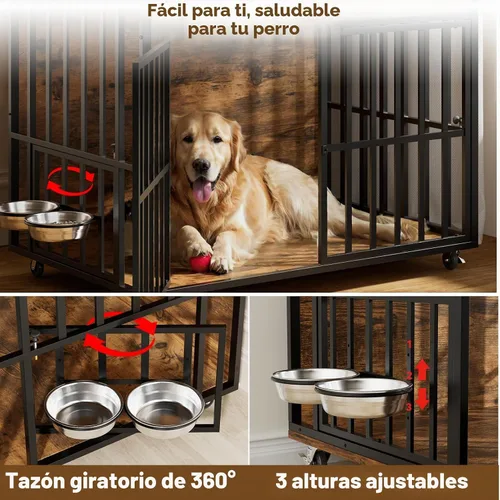 Vista 2 de Muebles de jaula para perros grandes y resistentes con cuencos y ruedas giratorios de 360°