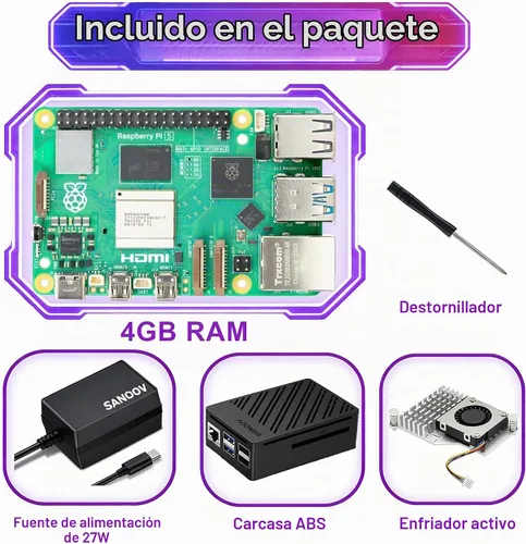 Vista 2 de Pi5 Kit básico para Raspberry Pi 5 4GB con enfriador activo, fuente