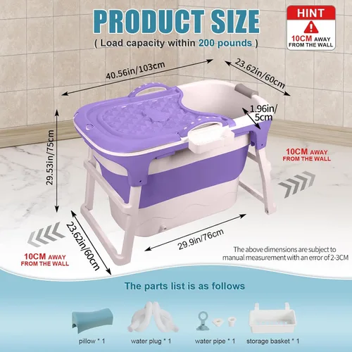 Vista 2 de 41'' Portable Bathtub with Seat for Adults, Foldable Bath Tub for Shower C