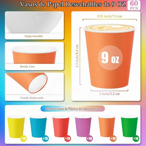 Vista 2 de KesaPlan 60 vasos de papel desechables de 9 onzas, vasos de plástico para fiestas, vasos de papel arcoíris, 6 colores para bebidas frías calientes