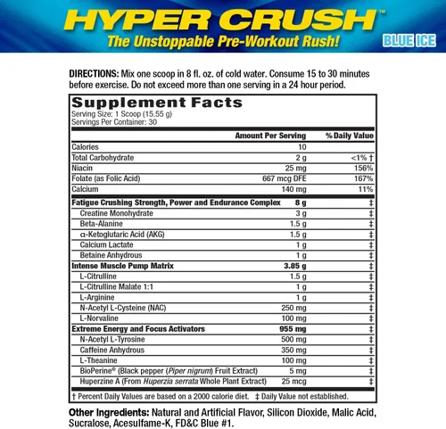 Vista 2 de MHP Hyper Crush - Polvo de preentrenamiento, creatina, energía, hielo azul, 30 serv