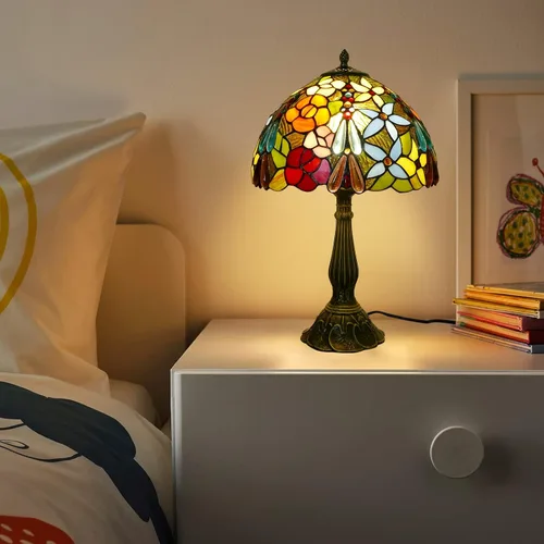 Vista 7 de Tiffany - Lámpara de mesa de 12 x 12 x 19 pulgadas, lámpara de mesa multicolor estilo flores, lámpara de vitral, mesita de noche, luz de escritorio