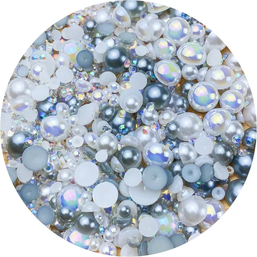 Vista 7 de Cuentas de resina con diamantes de imitación, mitad redonda, cuentas de perlas planas de 30 g, cuentas de media perla con diamantes de imitación