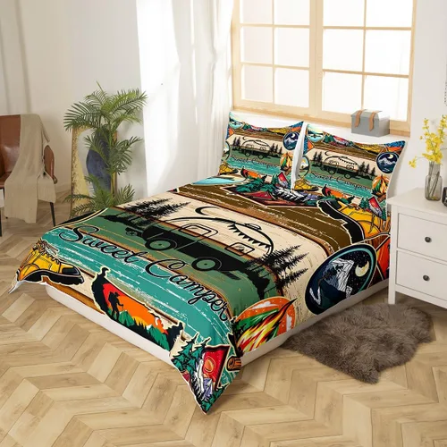 Vista 2 de Erosebridal Juego de funda de edredón de cabaña de cabaña, ropa de cama individual para niños, funda de edredón de campamento feliz, ropa de cama