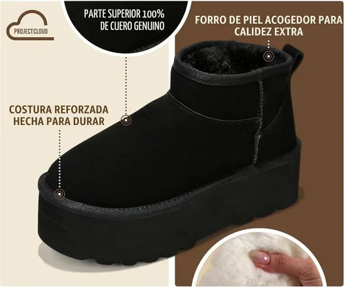 Vista 3 de Project Cloud Botines de cuero 100% genuino para mujer botas de plataforma Negro
