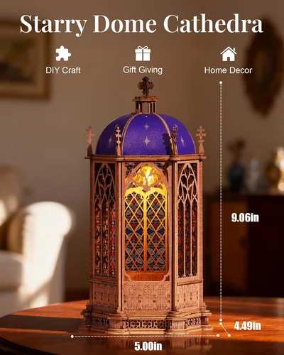 Vista 3 de Rowood Rompecabezas 3D para adultos, kit de modelo de arquitectura gótica de madera DIY con LED, regalo de cumpleaños de Navidad, catedral de cúpula
