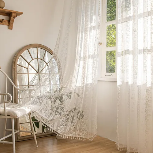 Vista 17 de Sutuo Home 2 paneles de cortinas bohemias de 63 pulgadas de largo para dormitorio, tratamientos de ventana bohemias de encaje de ganchillo Geometría