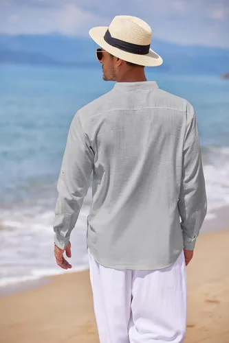 Vista 4 de COOFANDY Camiseta Henley de algodón y lino para hombre, de manga larga, estilo hippie, casual, playera