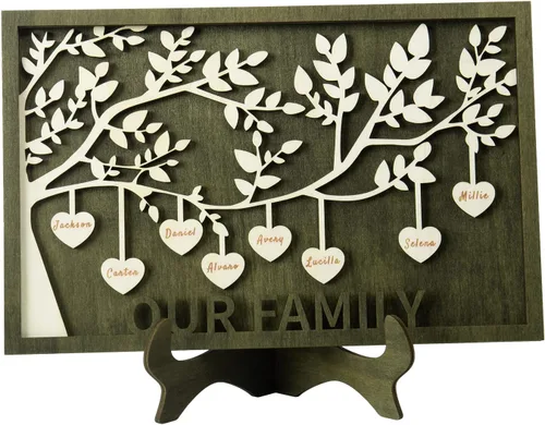 Vista 43 de Árbol genealógico con etiqueta de corazón, placas de madera grabadas personalizadas, regalos personalizados para madres, padres, escritorio, nombres
