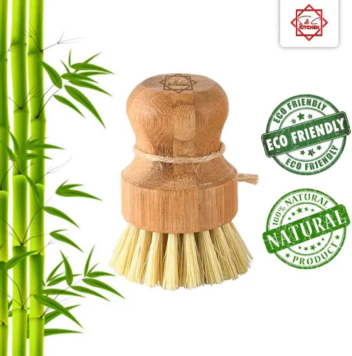 Vista 5 de S&C Kitchen - Cepillo de bambú para limpiar sartén, verduras, platos, wok, platos para cocina, baño, hecho de cerdas de palma y sisal con mango
