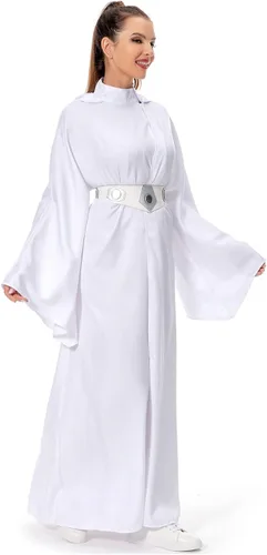 Vista 3 de Rodwake Disfraz de princesa Leia para mujer, vestido blanco con capucha, bata larga, traje clásico de lujo