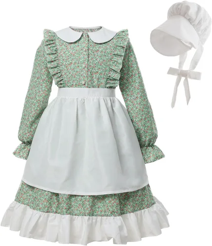 Vista 11 de Nuoqi Vestidos de pionera para niñas, disfraz colonial de Laura Ingalls Wilder, disfraz para niñas A-azul