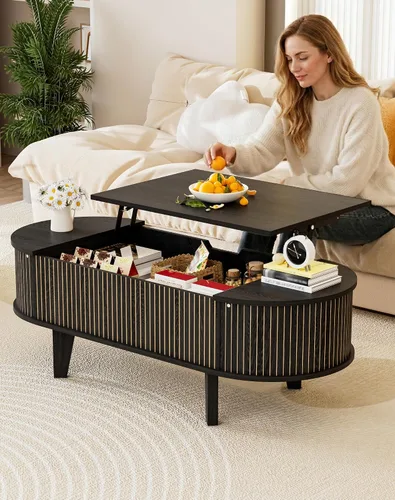 Vista 8 de Mesa auxiliar ovalada con almacenamiento, de madera acanalada de 47 pulgadas, moderna mesa de centro de mediados de siglo para sala de estar