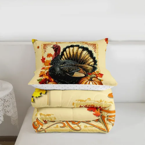 Vista 7 de Erosebridal Juego de edredón individual de pavo de Acción de Gracias, juego de ropa de cama de calabaza con hojas de otoño para niños y adultos