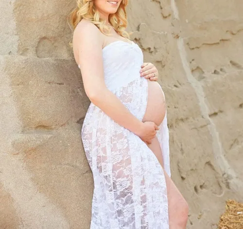 Vista 2 de Wamvp - Vestido de maternidad para sesión de fotos, para mujeres embarazadas, con encaje y hombros descubiertos, vestido de maternidad para sesión