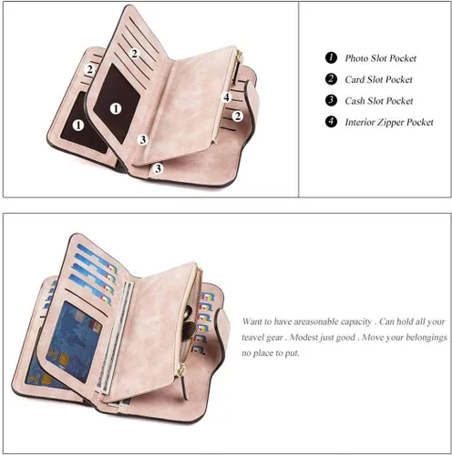 Vista 6 de KELEEL Cartera de cuero para mujer, monedero de embrague para tarjetas de crédito, soporte para monedas, plegable, Rosado, Classic