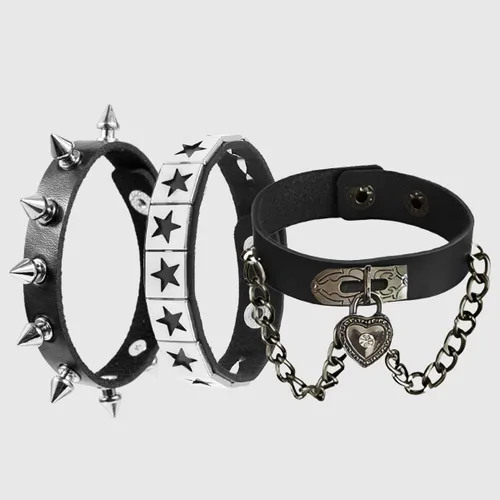 Vista 6 de 3 piezas de pulsera de cuero estilo punk rock con tachuelas ajustables, pulsera de estilo emo con espigas, accesorio de puño con remaches retro