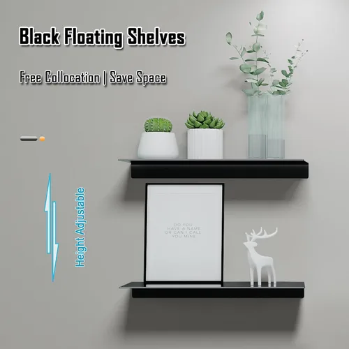 Vista 3 de HNVNER Estantes flotantes de metal, juego de 2, longitud 30CM, estante de pared negro para el baño, estantes de exhibición para la pared decorativos