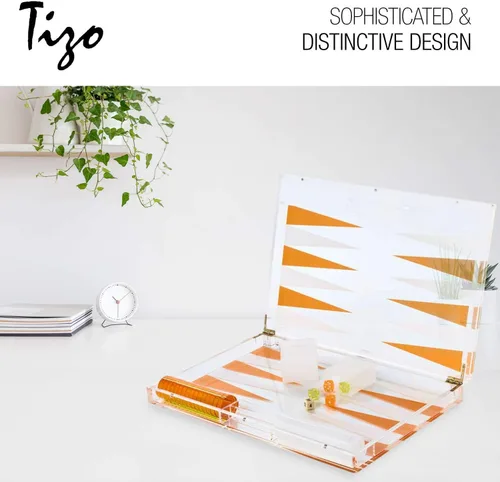 Vista 3 de TIZO Elegante juego de backgammon de Lucite negro de 18 pulgadas, chips de Lucite y tazas con cierre magnético, decoración elegante y práctica